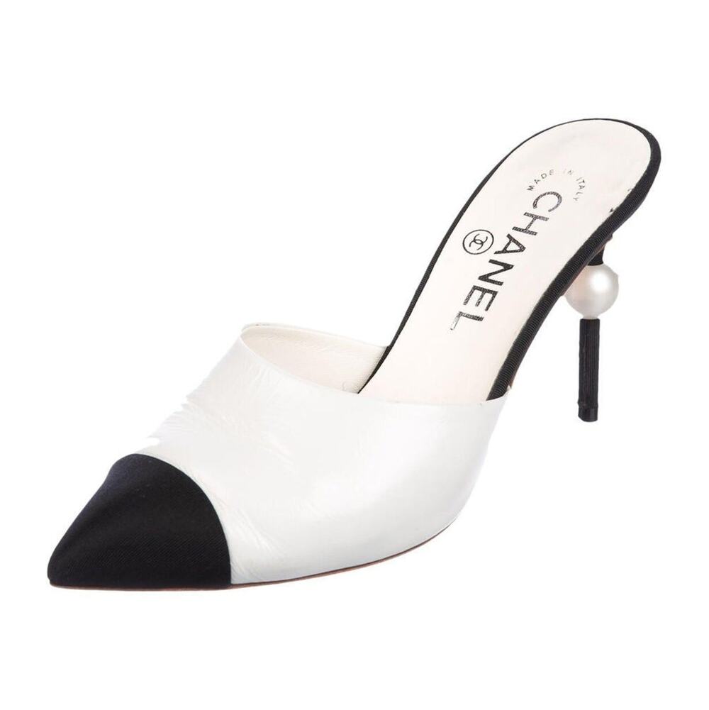 Chanel Leather & Fabric CC Faux Pearl Pointed Stielttos Heel Mules White EU 41.5